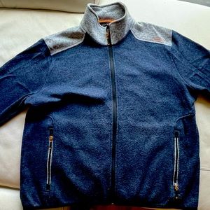 Orvis Blue sweater zip up with orange accents.xl